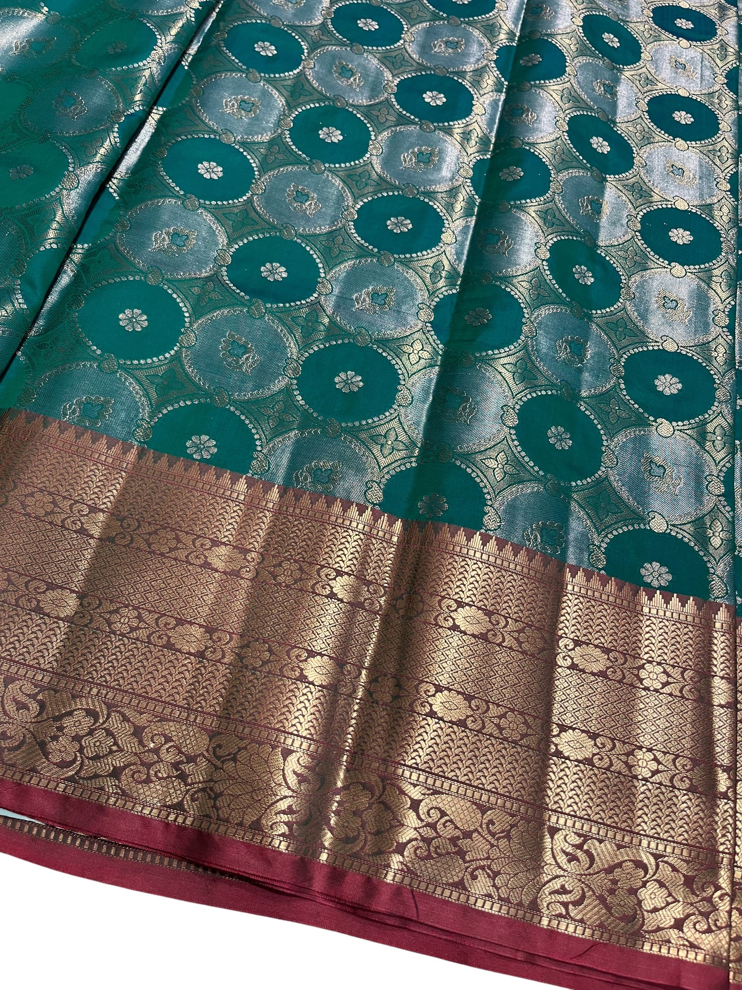 Southloom Semi Banarasi Katan Tissue Saree with Woven Work on Body and Borders (Peacock Green & Blue)