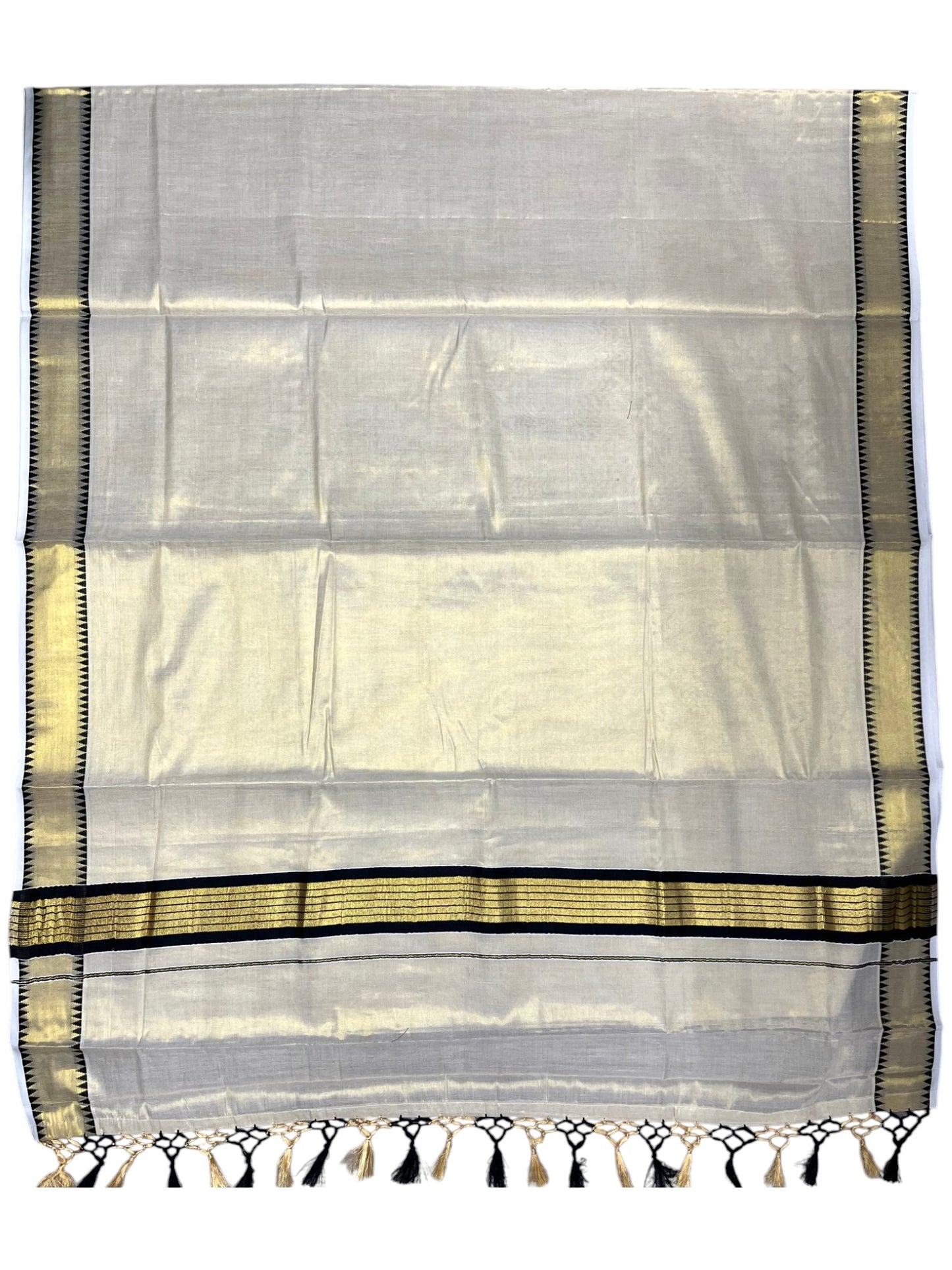 Southloom Kerala Tissue Kasavu Saree With Black Temple Woven Works on Border SL365