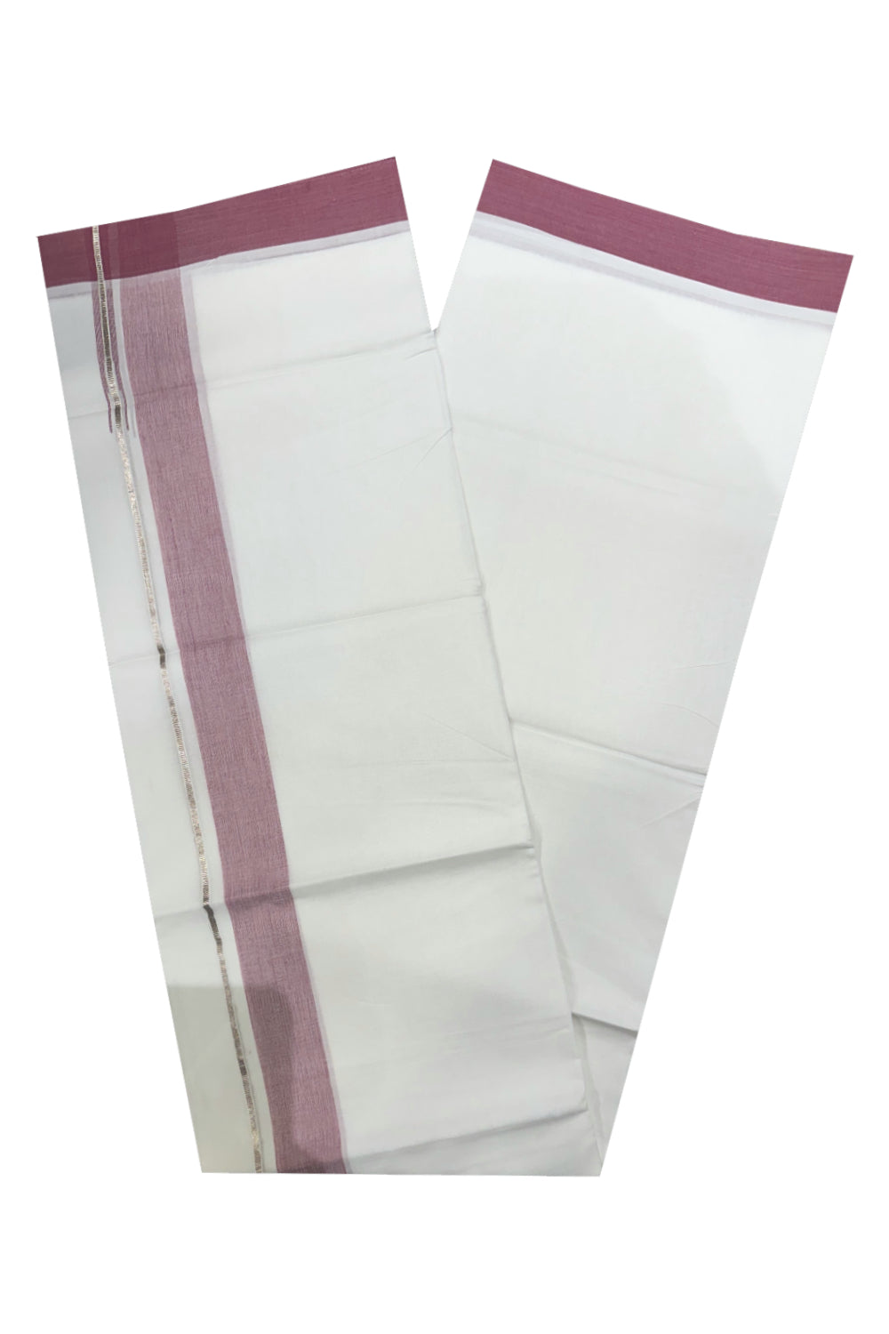 Pure Cotton Kerala Double Mundu with Brick Red and Silver Kasavu Line Chutti Border (South Indian Kerala Dhoti)