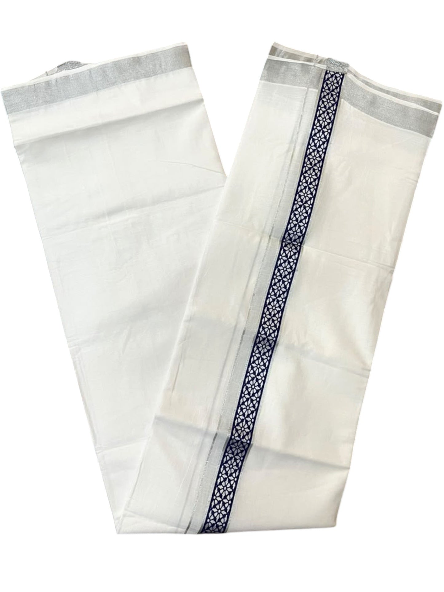 Southloom Pure White Cotton Mundu with Blue and Silver Kasavu Border (South Indian Kerala Dhoti)