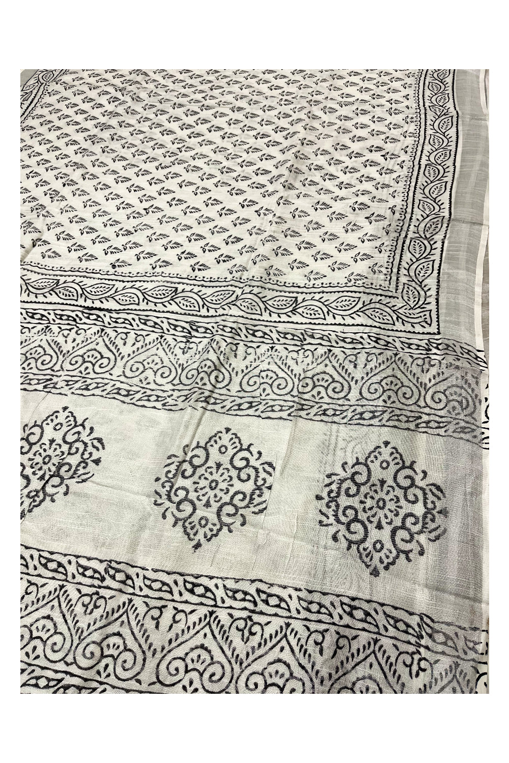 Southloom Linen Pure White Designer Saree with Floral Prints