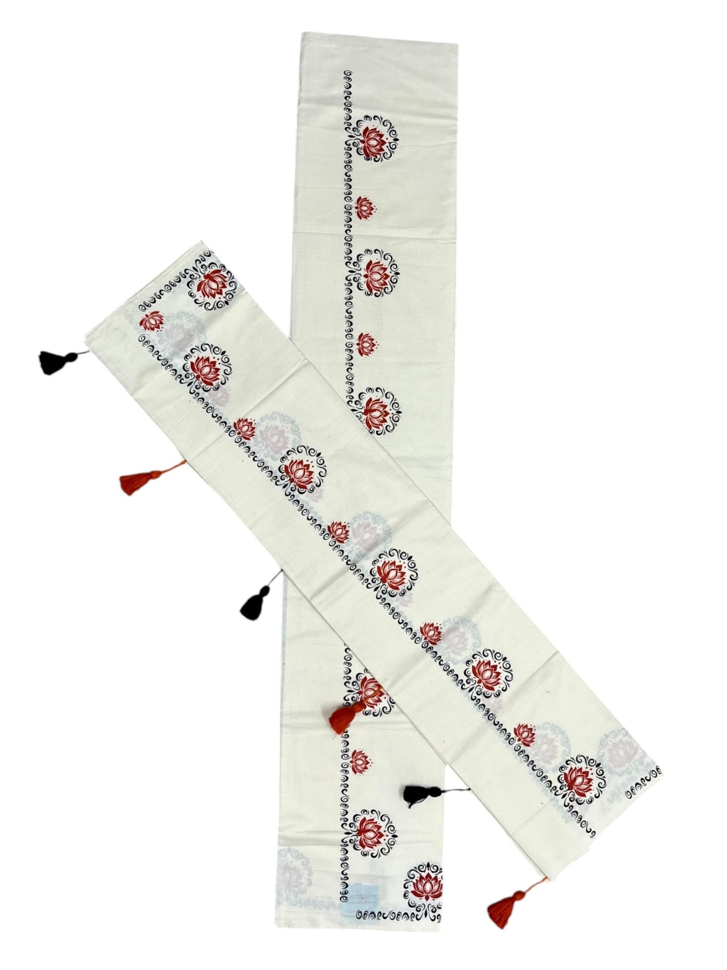 Southloom Kerala Cotton Single Set Mundu (Mundum Neriyathum) with Dark Orange &Black Lotus Block Printed Design