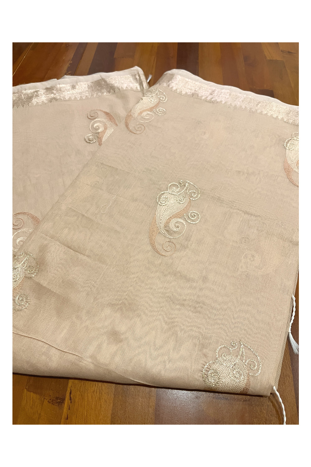 Southloom Cotton Light Brown Saree with Paisley Thread Works