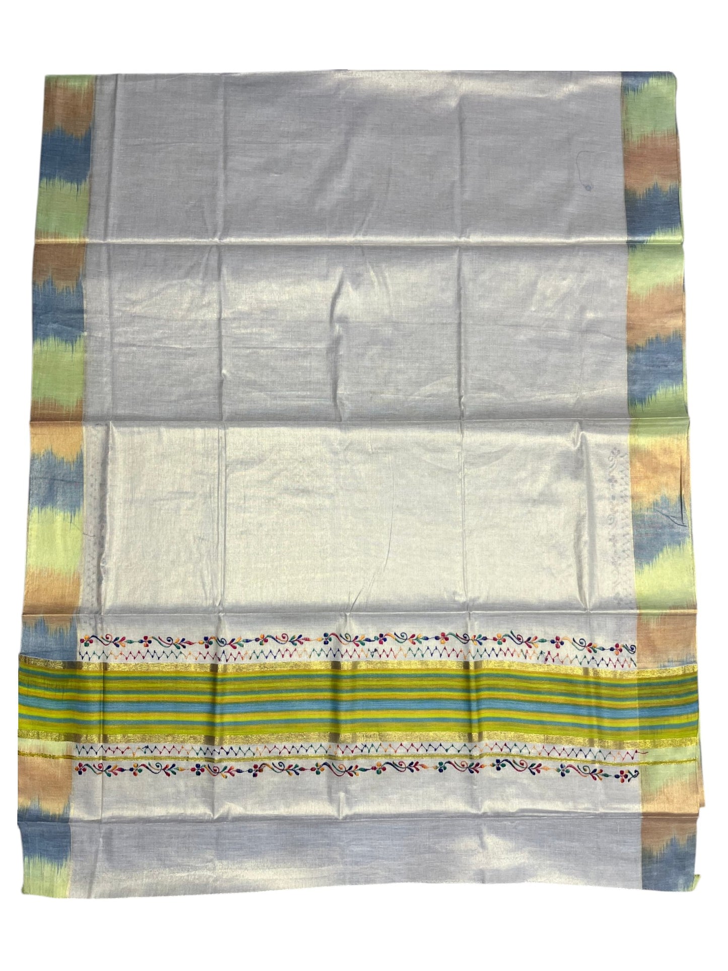 Southloom Kerala Tissue Kasavu Saree with Multi Colour Pochampally Design on Borders and Kara