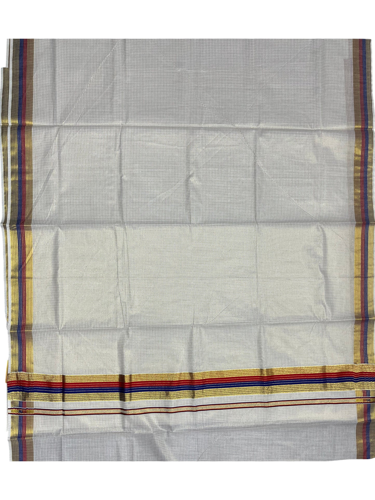 Southloom Kerala Cotton Kasavu Saree with Micro Check Design on Body in Red & Blue Border