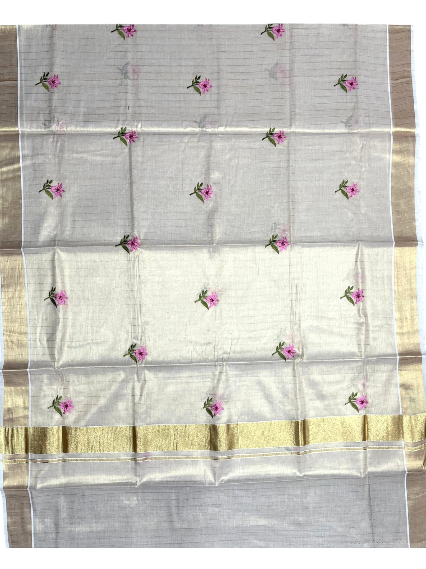 Southloom Kerala Tissue Kasavu Lines Saree with Floral Embroidery Work on Body