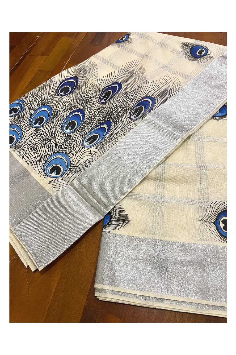 Pure Cotton Kerala Saree with Silver Kasavu Check Designs and Blue Feather Block Printed Body (Onam Saree 2023)