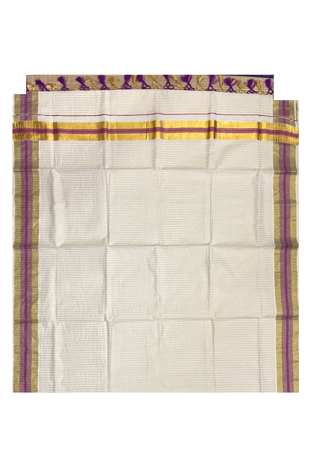 Pure Cotton Kerala Kasavu Lines Design Saree with Violet Border and Tassels Work (Onam Saree 2023)