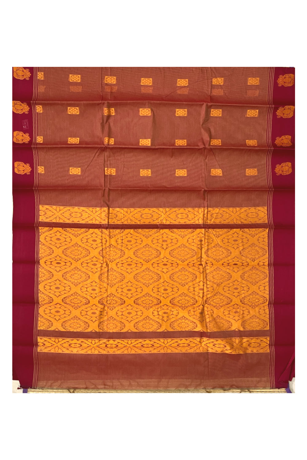 Southloom Cotton Brick Red Saree with Woven Butta Works on Body and Pallu