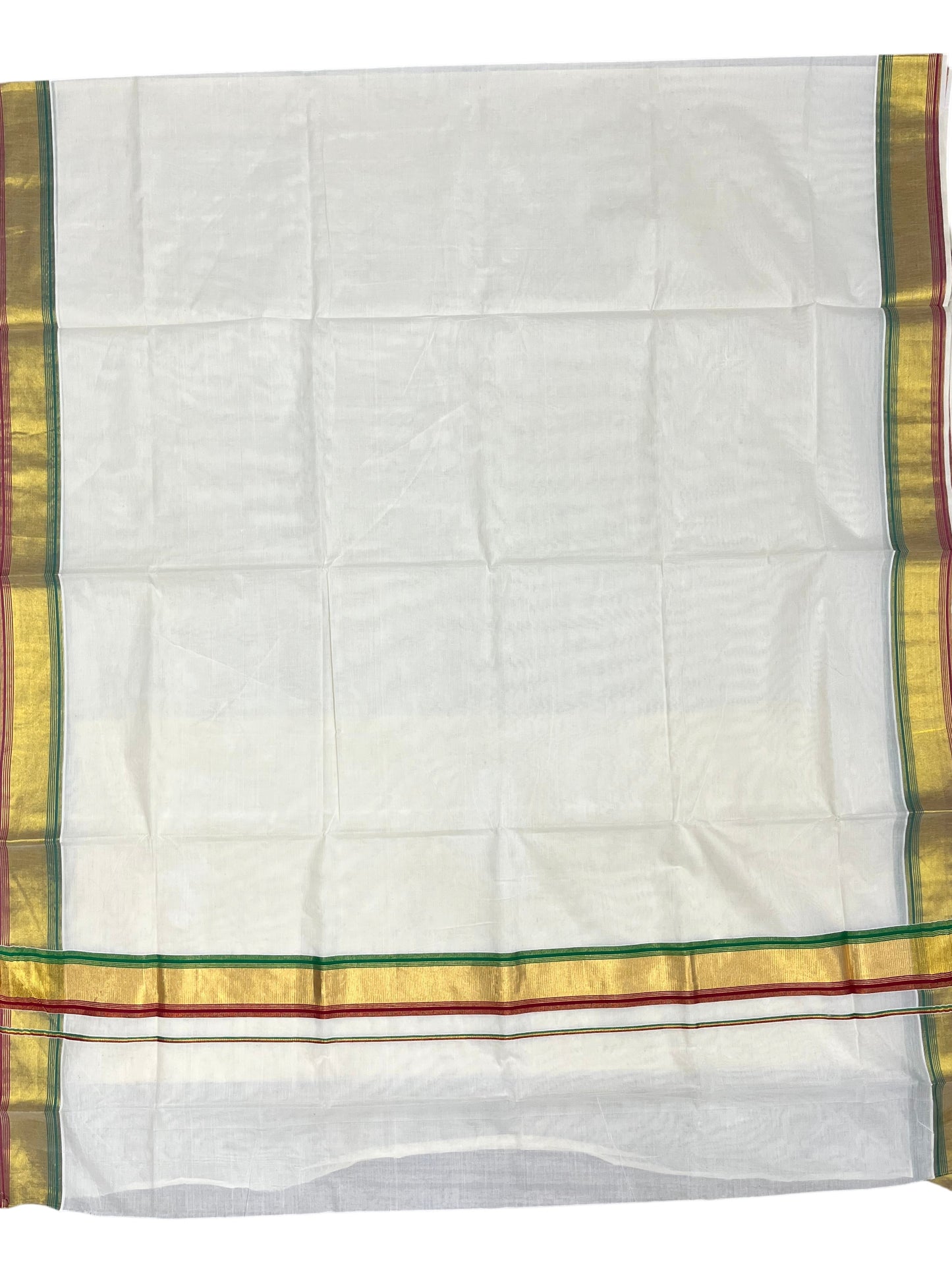 Southloom Kerala Cotton Kasavu Saree with Green And Maroon Border