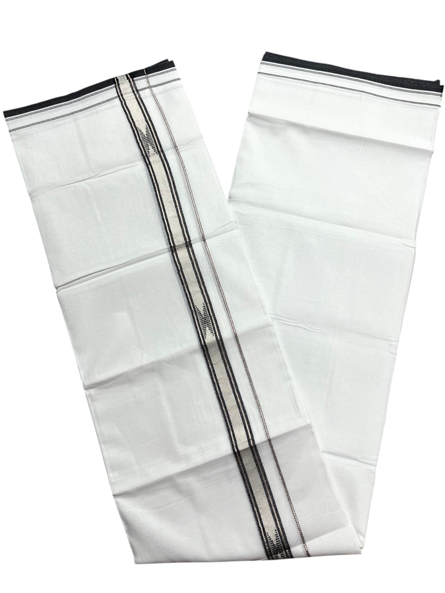 Southloom Pure White Cotton Mundu with Black & Silver Line Border (South Indian Kerala Dhoti)
