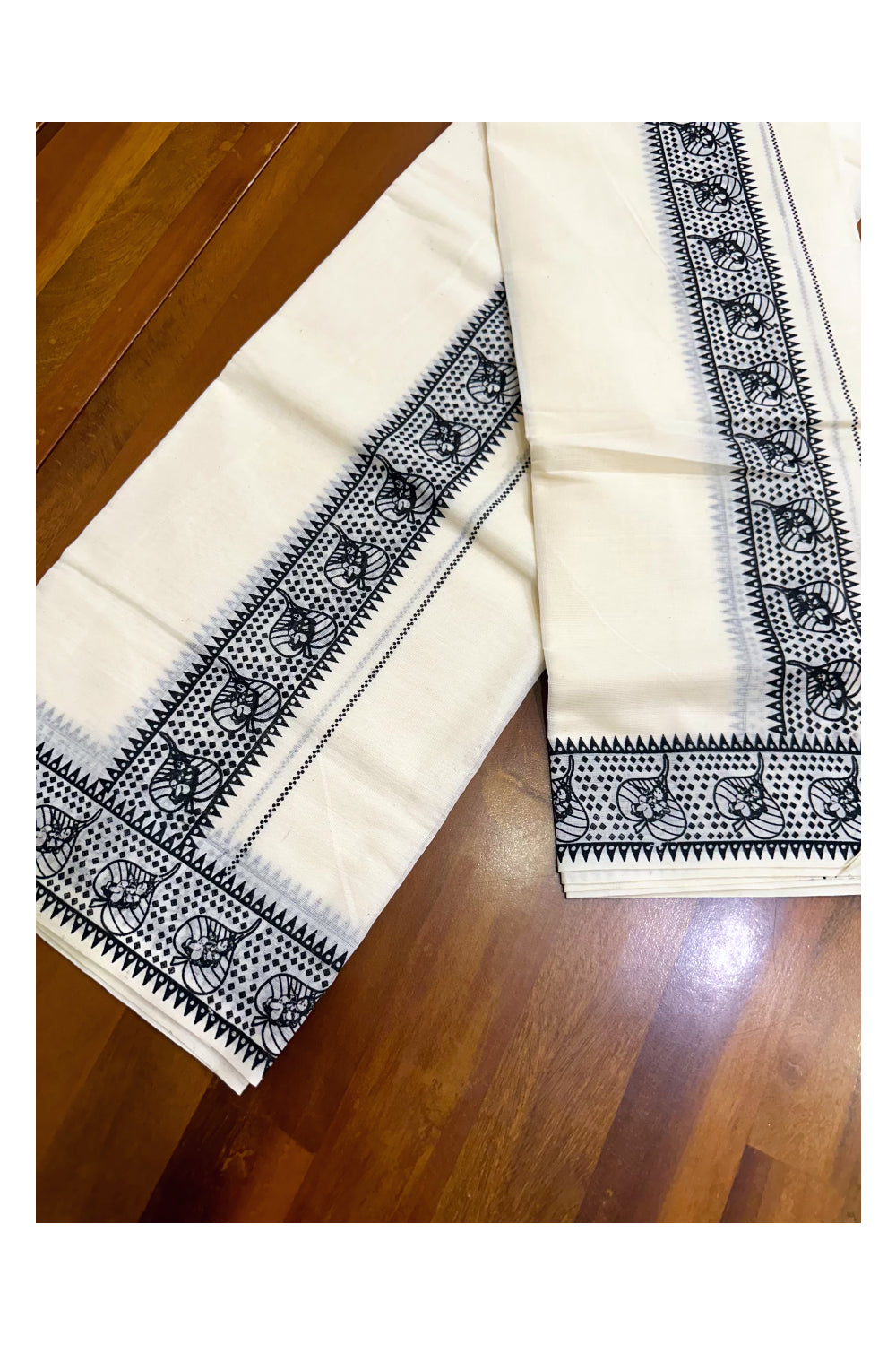 Pure Cotton Kerala Set Mundu with Black Block Printed Border