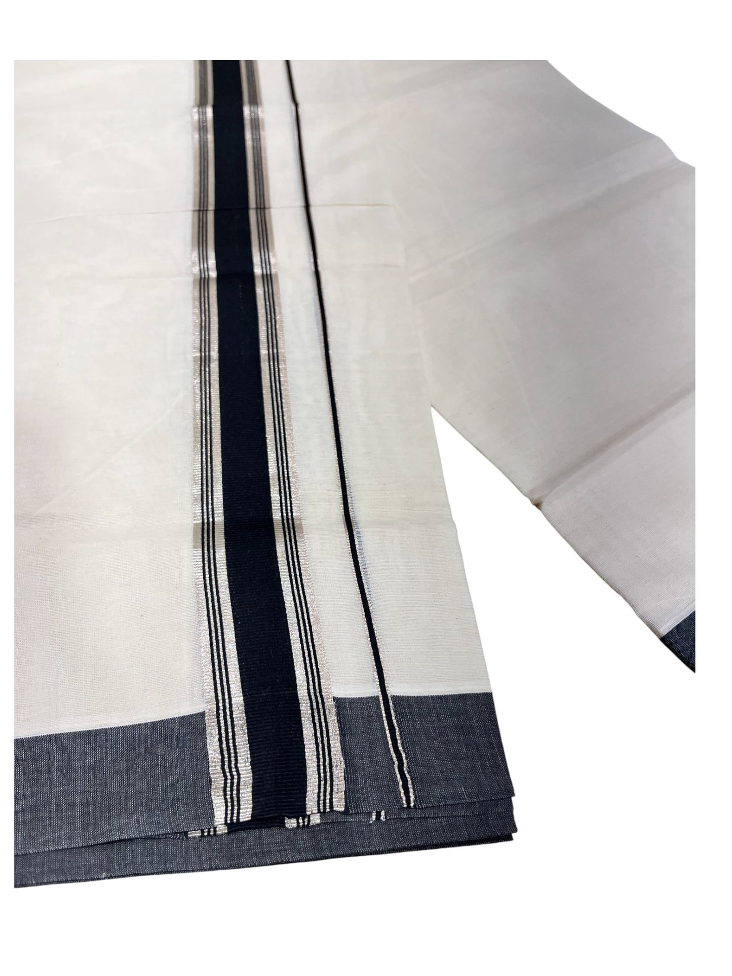 Southloom Pure Cotton  Double Mundu With Silver Kasavu &Black Border (South Indian Kerala Dhoti)