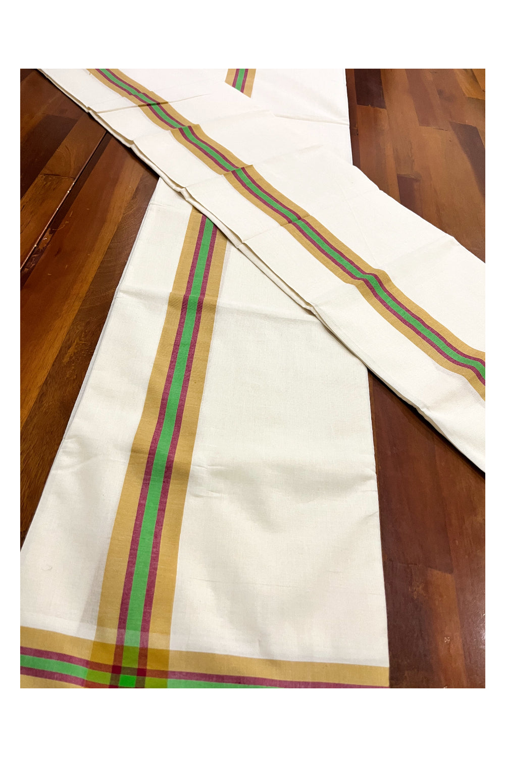 Kerala Mulloth Cotton Single Mundum Neriyathum with Yellow Green Border 2.80 Mtrs (Extra Soft Cotton)