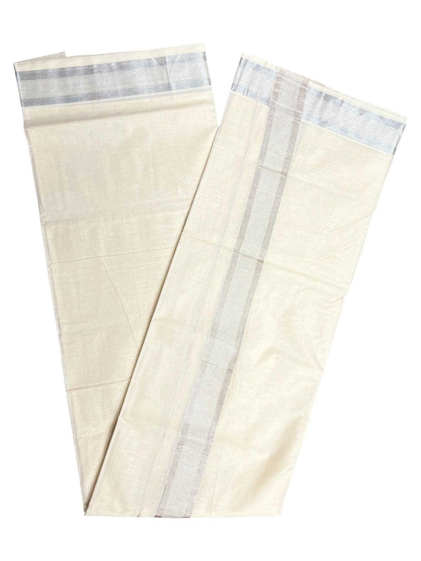Southloom Kerala Pure Cotton Double Mundu with Silver Lines and Silver Border (South Indian Dhoti)