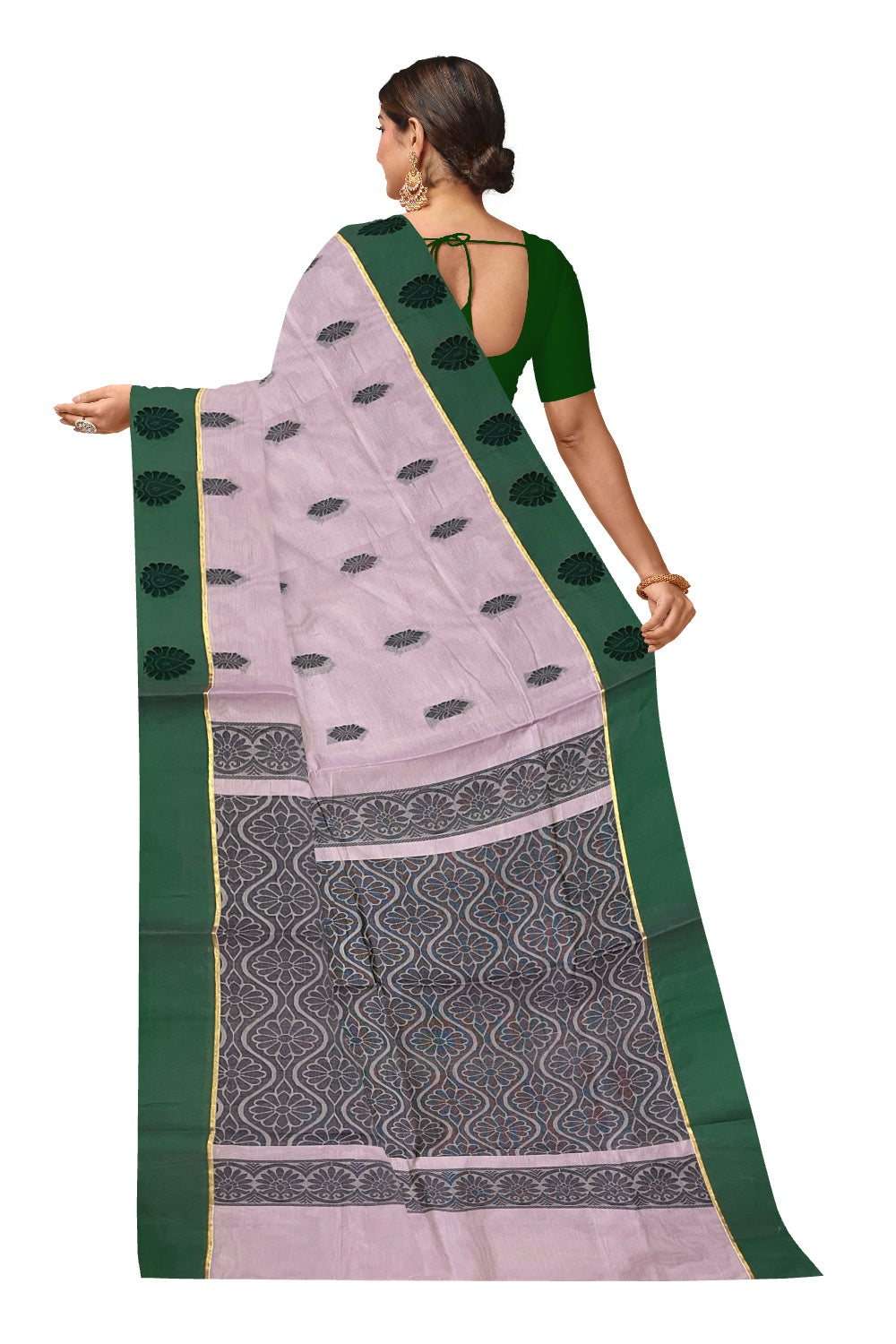 Southloom Cotton Lavender Saree with Green Floral Woven Border