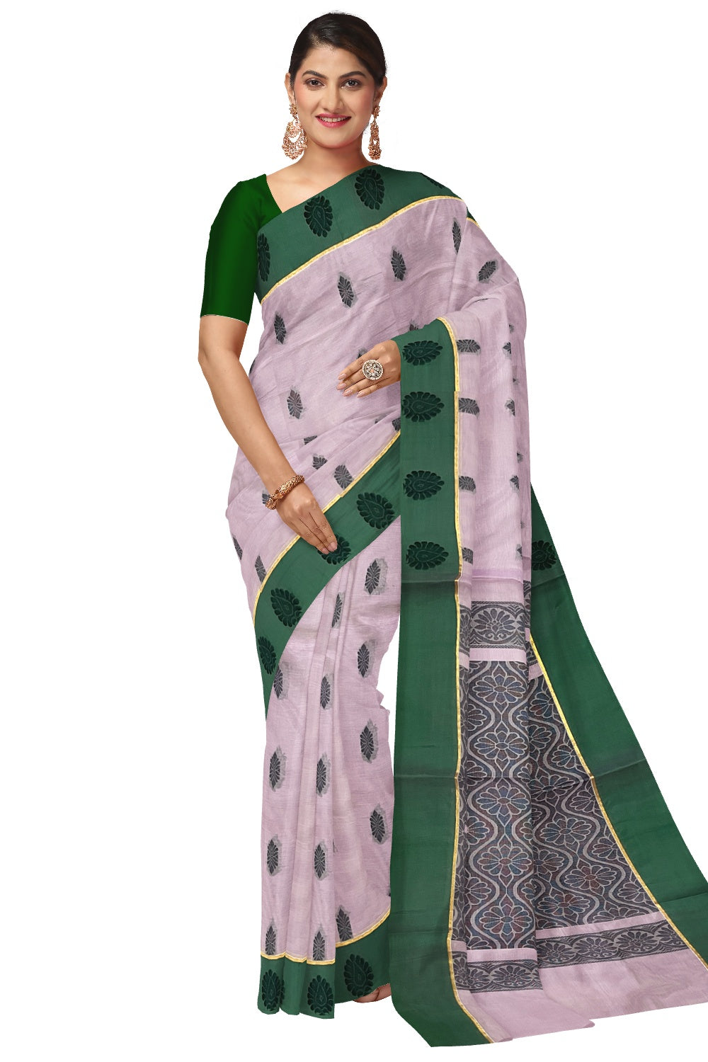 Southloom Cotton Lavender Saree with Green Floral Woven Border