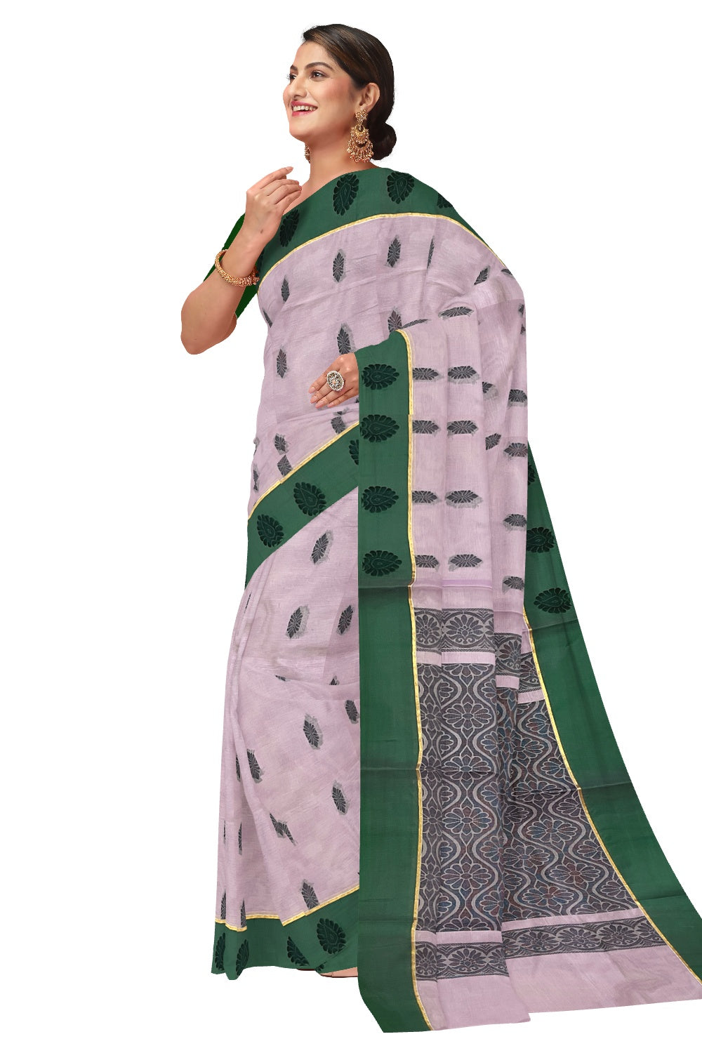 Southloom Cotton Lavender Saree with Green Floral Woven Border