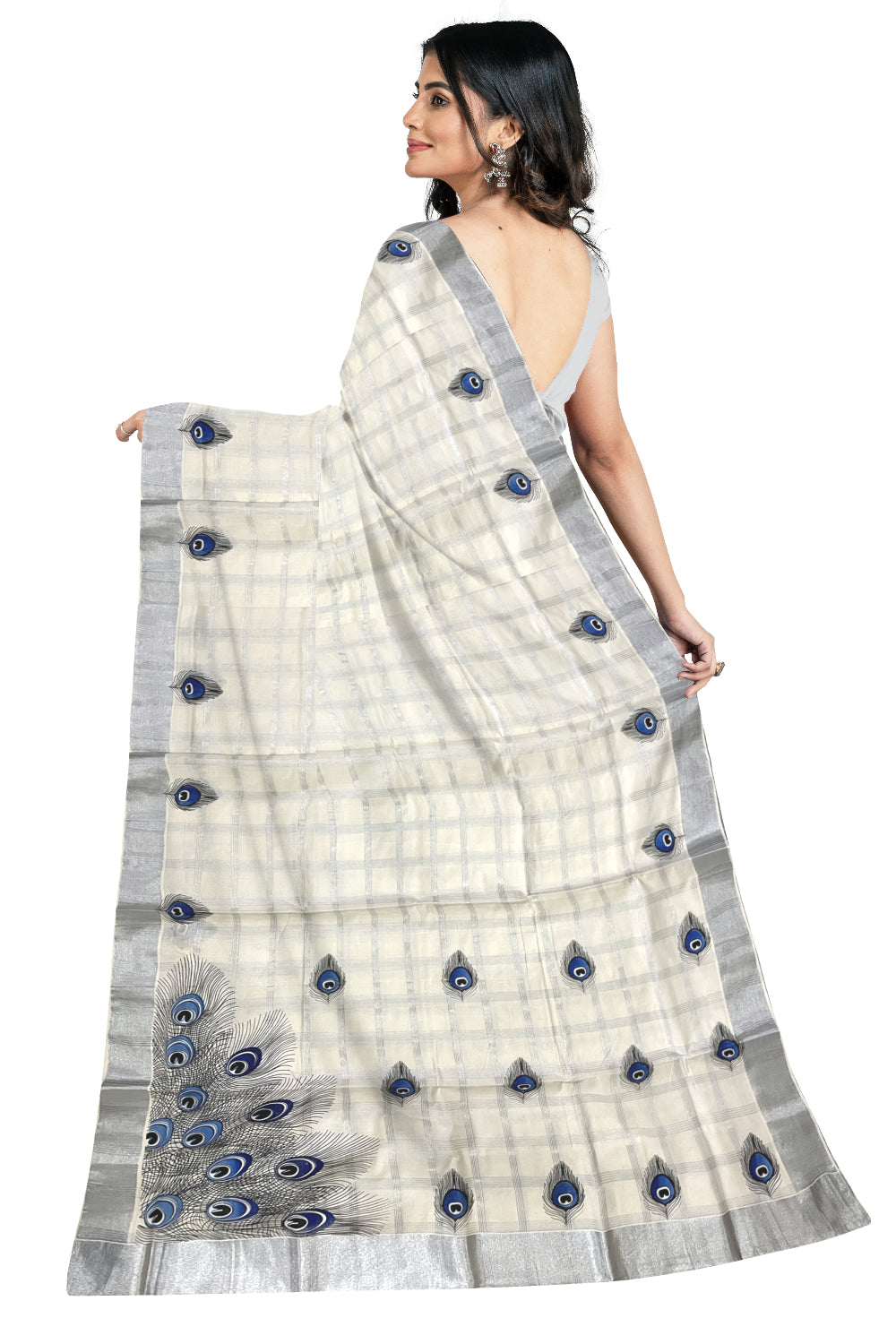 Pure Cotton Kerala Saree with Silver Kasavu Check Designs and Blue Feather Block Printed Body (Onam Saree 2023)