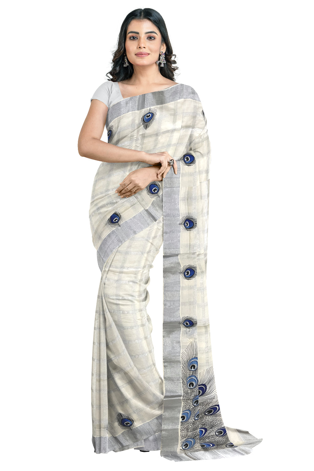 Pure Cotton Kerala Saree with Silver Kasavu Check Designs and Blue Feather Block Printed Body (Onam Saree 2023)