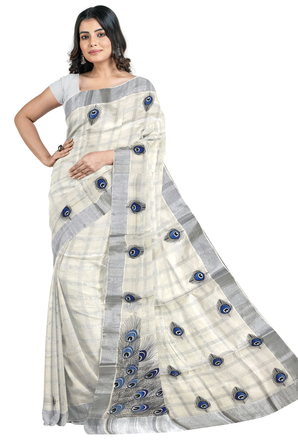 Pure Cotton Kerala Saree with Silver Kasavu Check Designs and Blue Feather Block Printed Body (Onam Saree 2023)