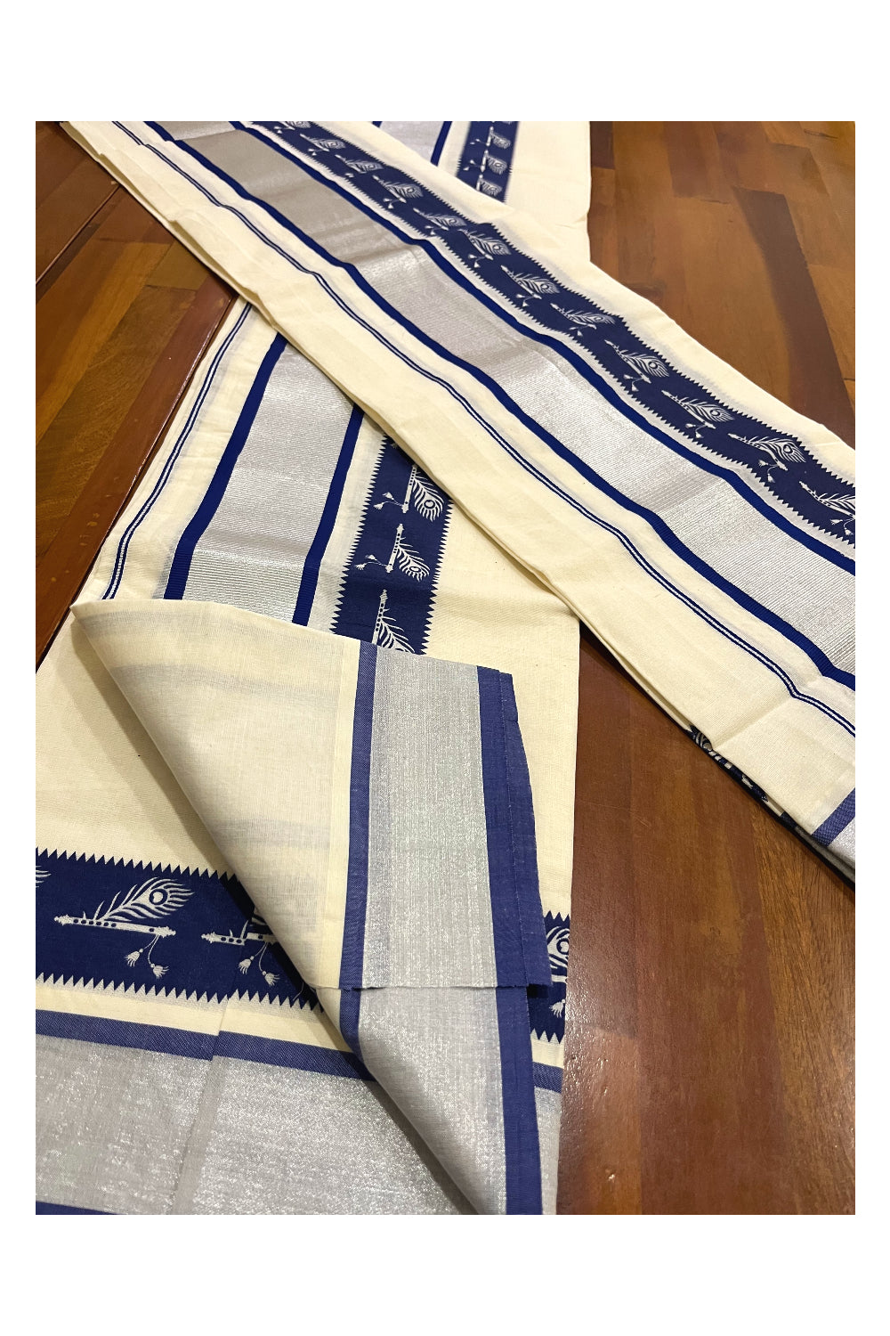 Pure Cotton Kerala Single Set Mundu (Mundum Neriyathum) with Blue Block Printed Silver Kasavu Border