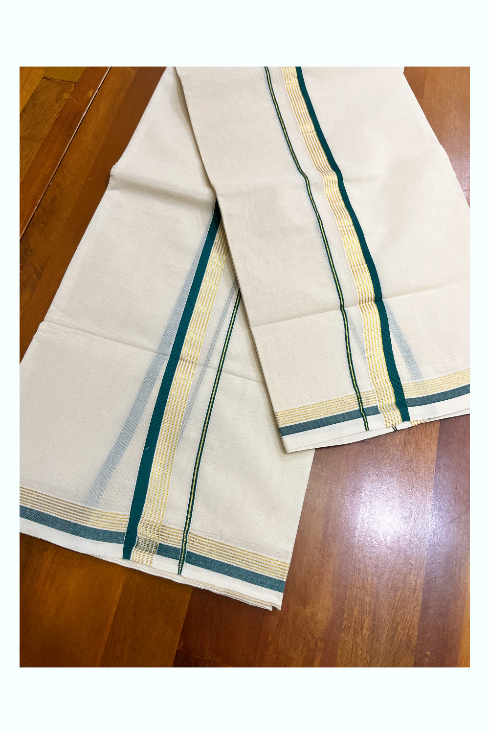 Kerala Pure Cotton Single Set Mundu (Mundum Neriyathum) with Green and Kasavu Border - 2.80Mtrs (Onam 2024 Collection)