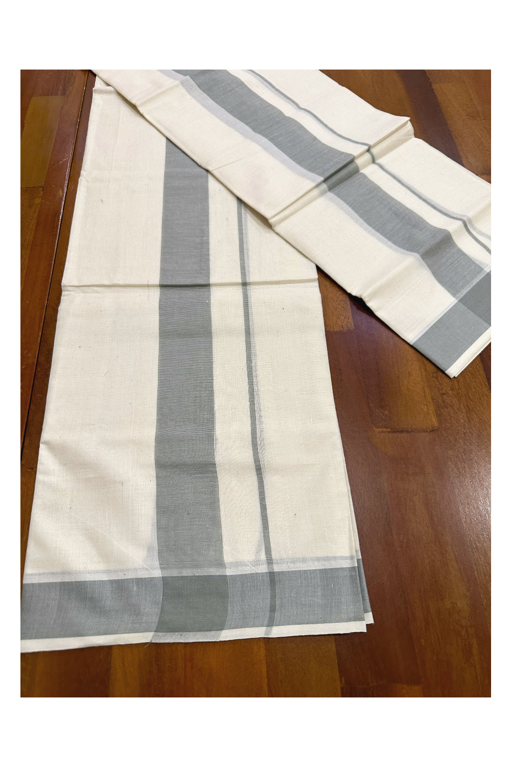 Kerala Mulloth Soft Cotton Mundum Neriyathum Single with Grey Border (Onam Set Mundu 2023)