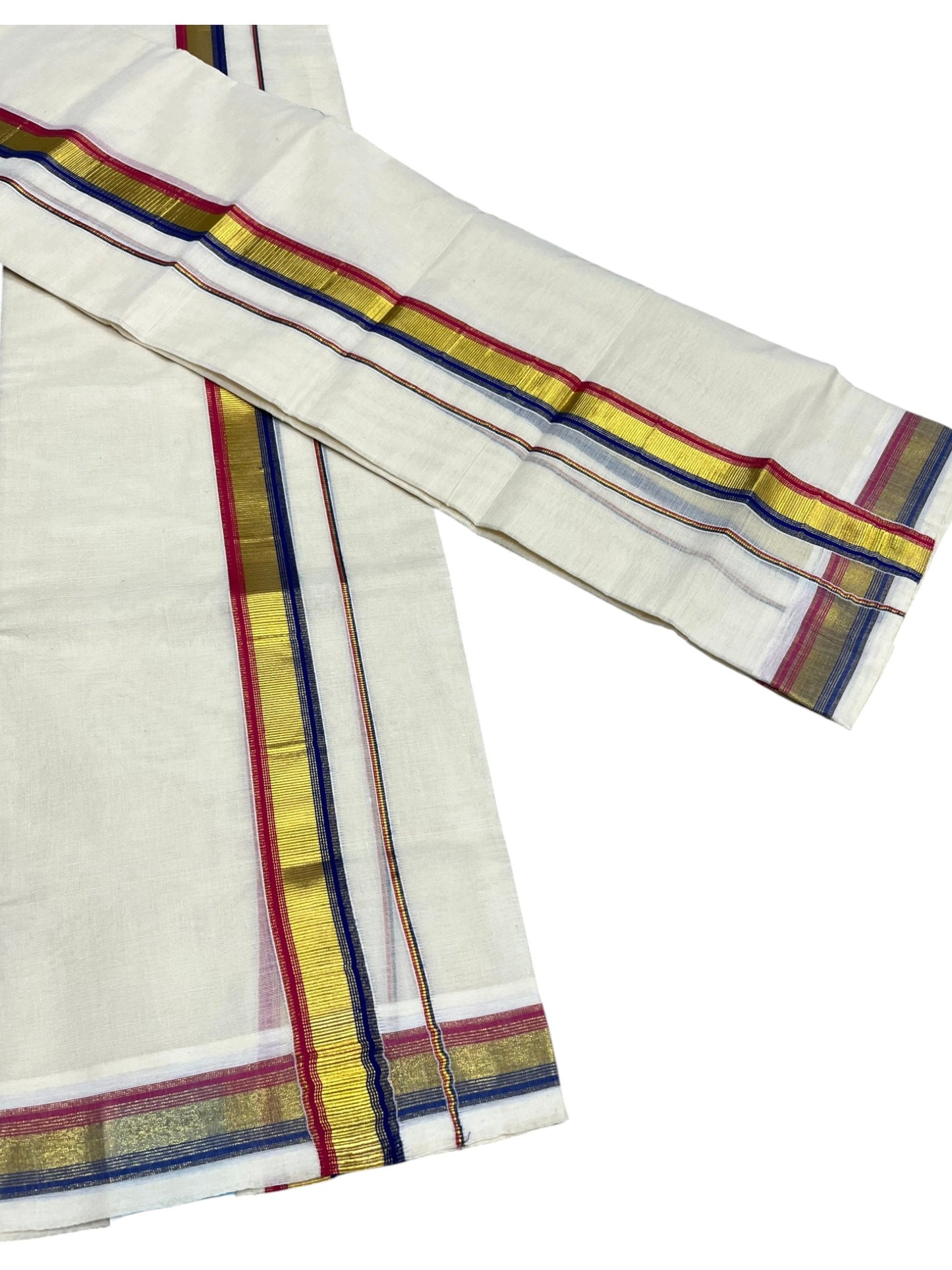 Kerala Cotton Set Mundu (Mundum Neriyathum) with Kasavu and Blue &Dark Pink Border 2.80 Mtrs SLKK SL470