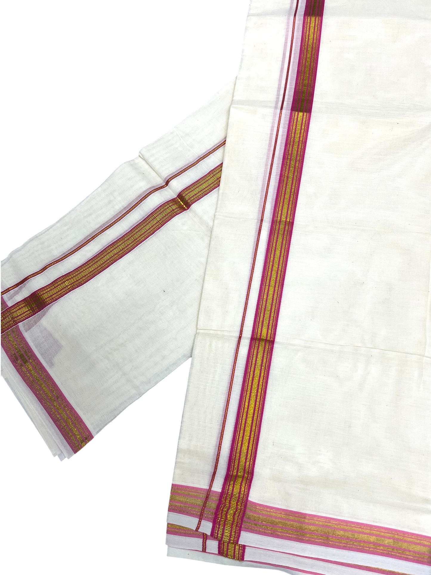 Southloom Pure Cotton Kerala Single Set Mundu (Mundum Neriyathum) with Pink Kasavu Border in 2.80 Mtrs