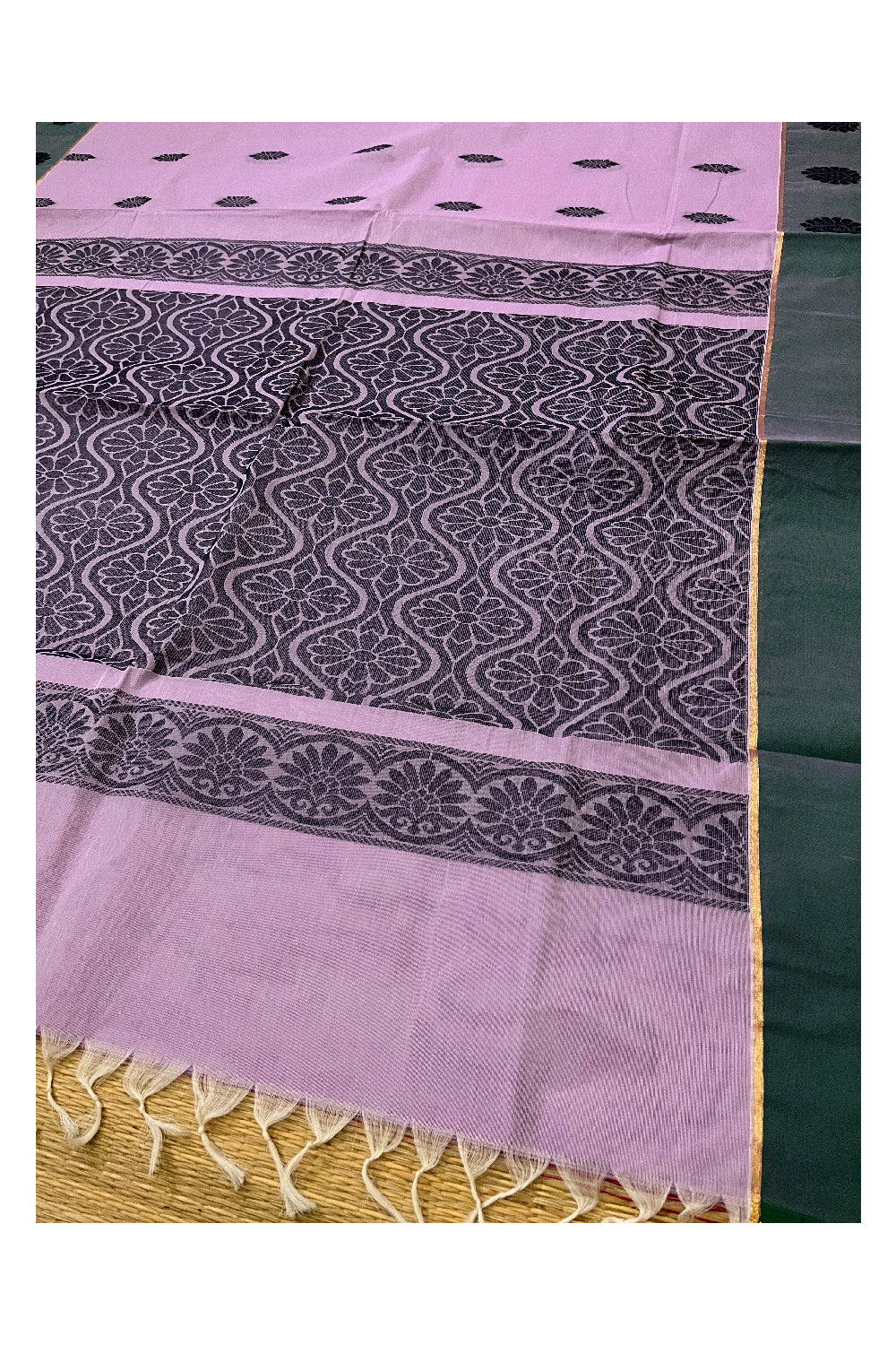 Southloom Cotton Lavender Saree with Green Floral Woven Border