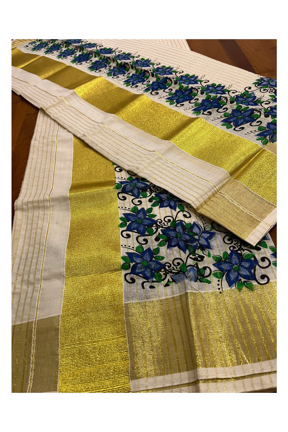 Kerala Cotton Set Mundu (Mundum Neriyathum) with Kasavu Lines Design on Body and Blue Block Printed Border 2.80 Mtrs (Onam Set Mundu 2023)