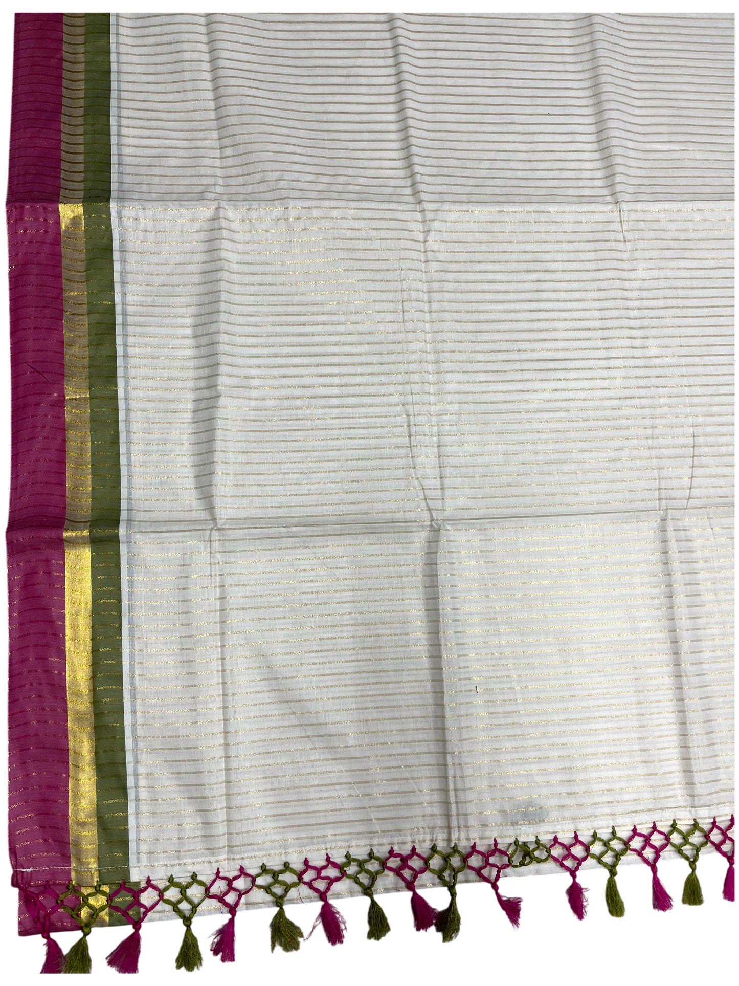 Southloom Cotton Kerala Kasavu Saree with Stripes on Body and Pink &Olive Green Border with Tussels