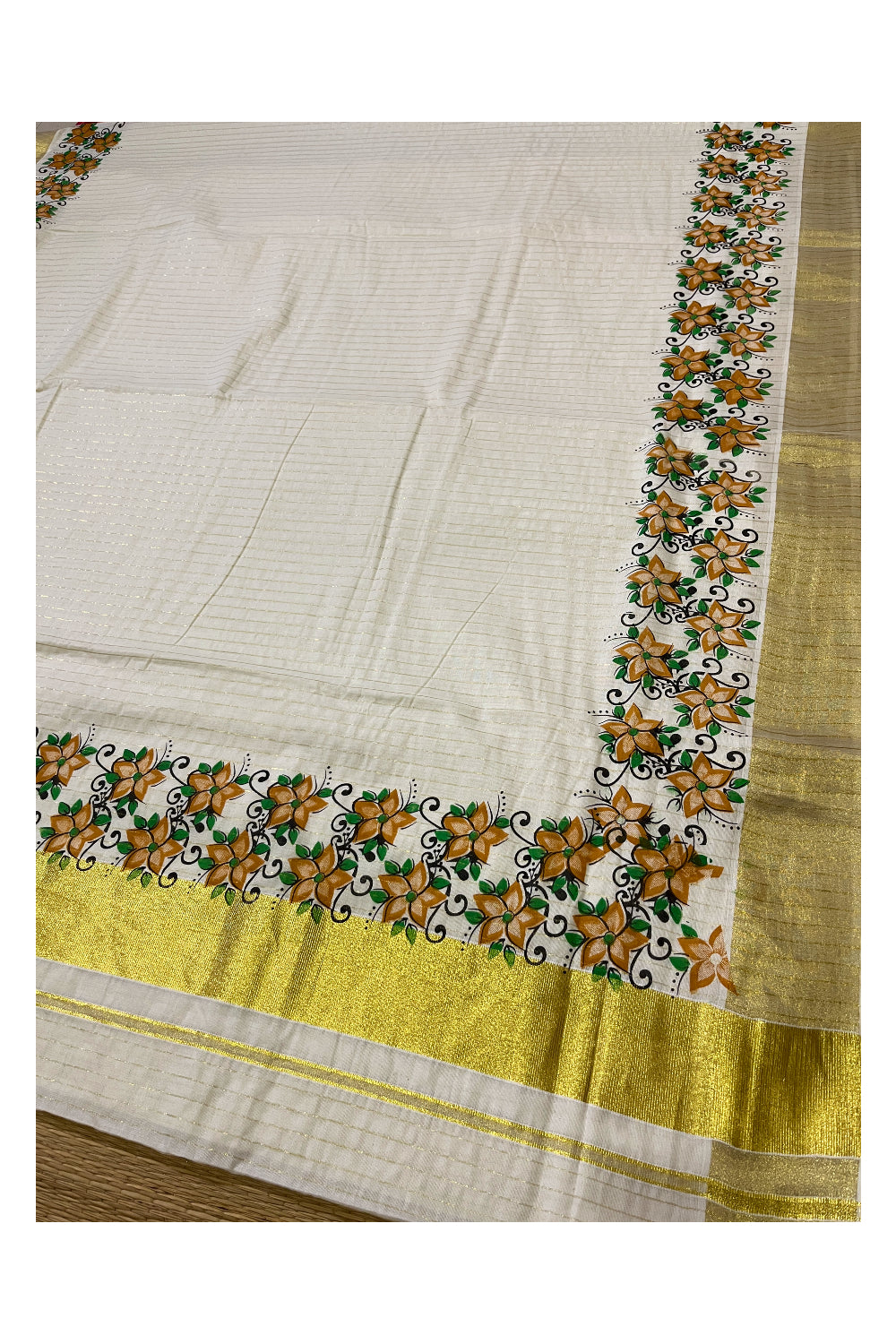 Southloom Onam 2023 Special Yellow Floral Printed Lines Kasavu Saree