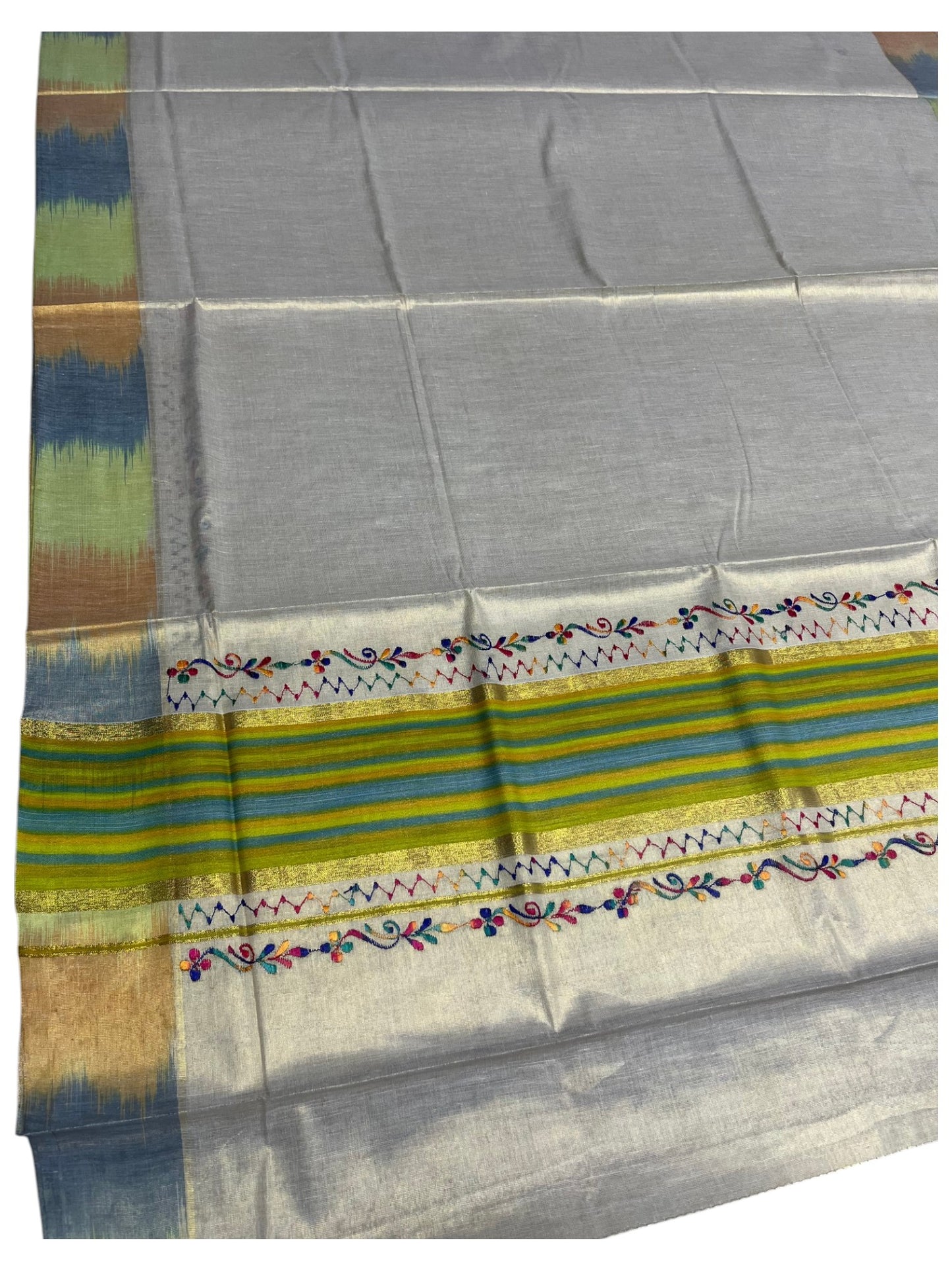 Southloom Kerala Tissue Kasavu Saree with Multi Colour Pochampally Design on Borders and Kara