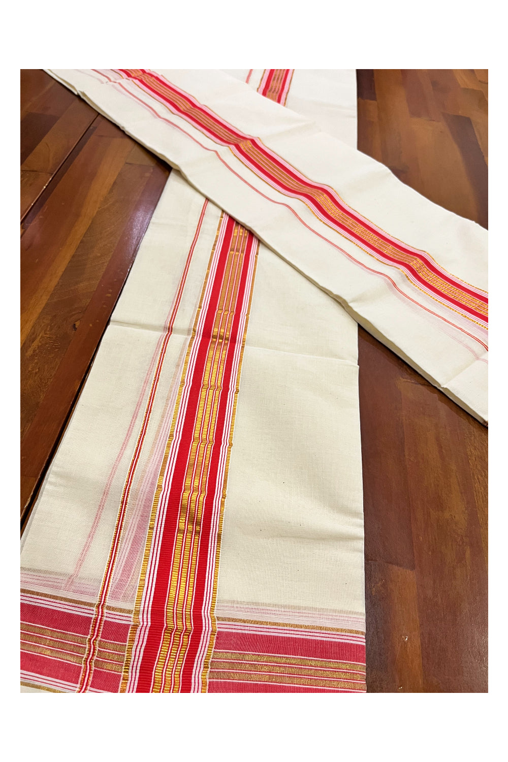 Kerala Cotton Set Mundu Single (Mundum Neriyathum) with Orange and Kasavu Border 2.80 Mtrs