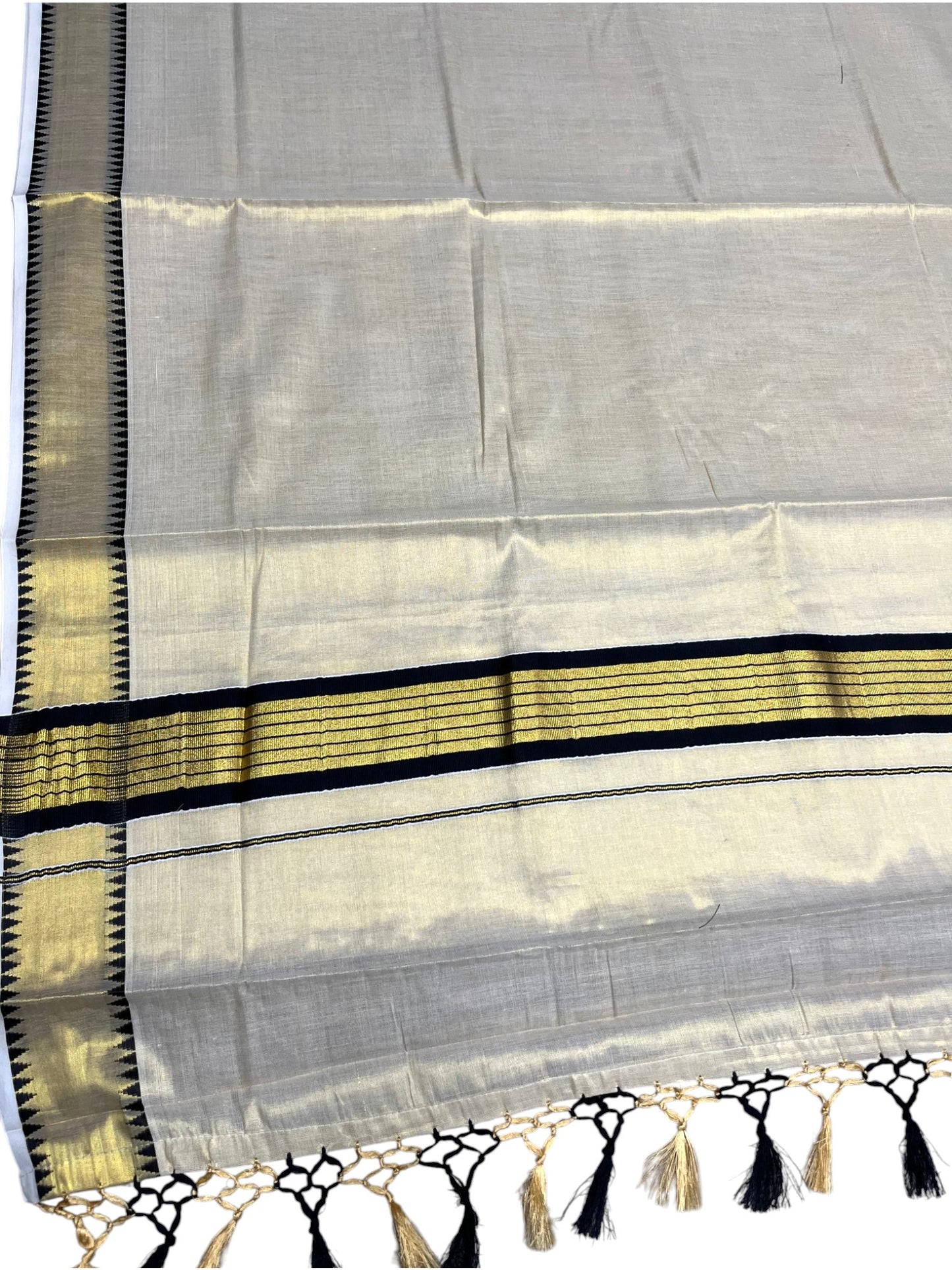 Southloom Kerala Tissue Kasavu Saree With Black Temple Woven Works on Border SL365
