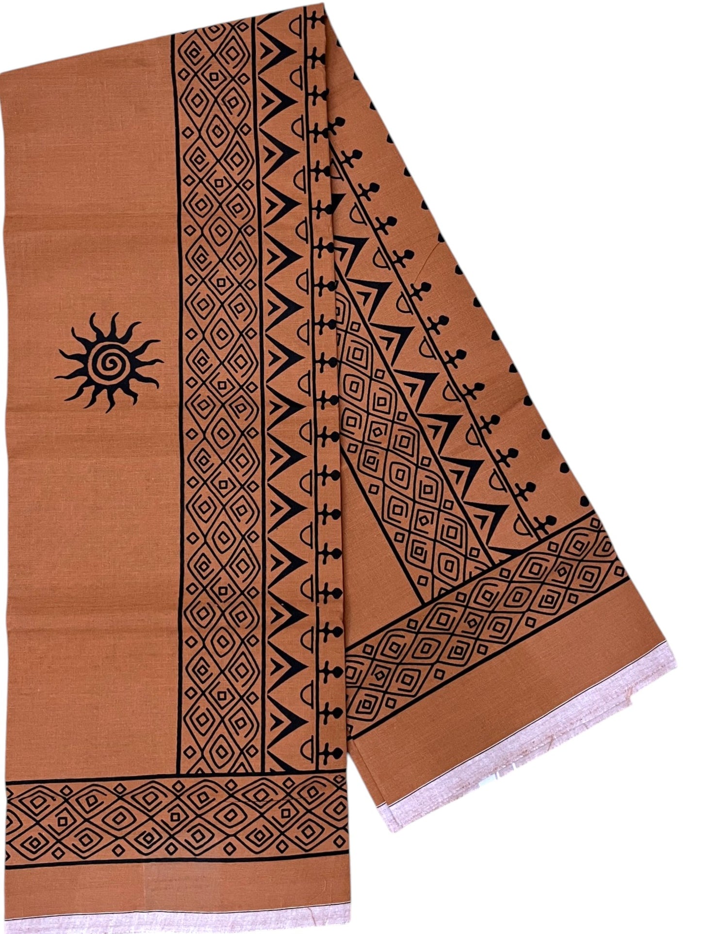 Southloom Saffron (Kaavi) Black Printed Single Mundu / Lungi (South Indian Kerala Dhoti) SL319
