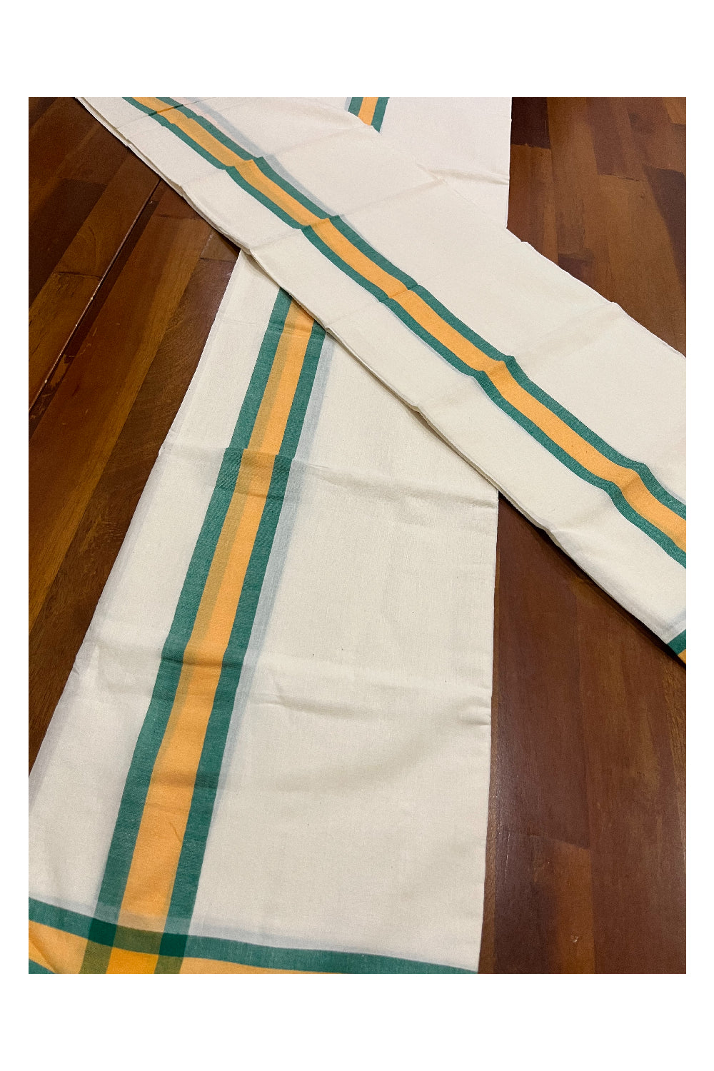 Kerala Mulloth Cotton Single Mundum Neriyathum with Orange Green Border (Extra Soft Cotton)