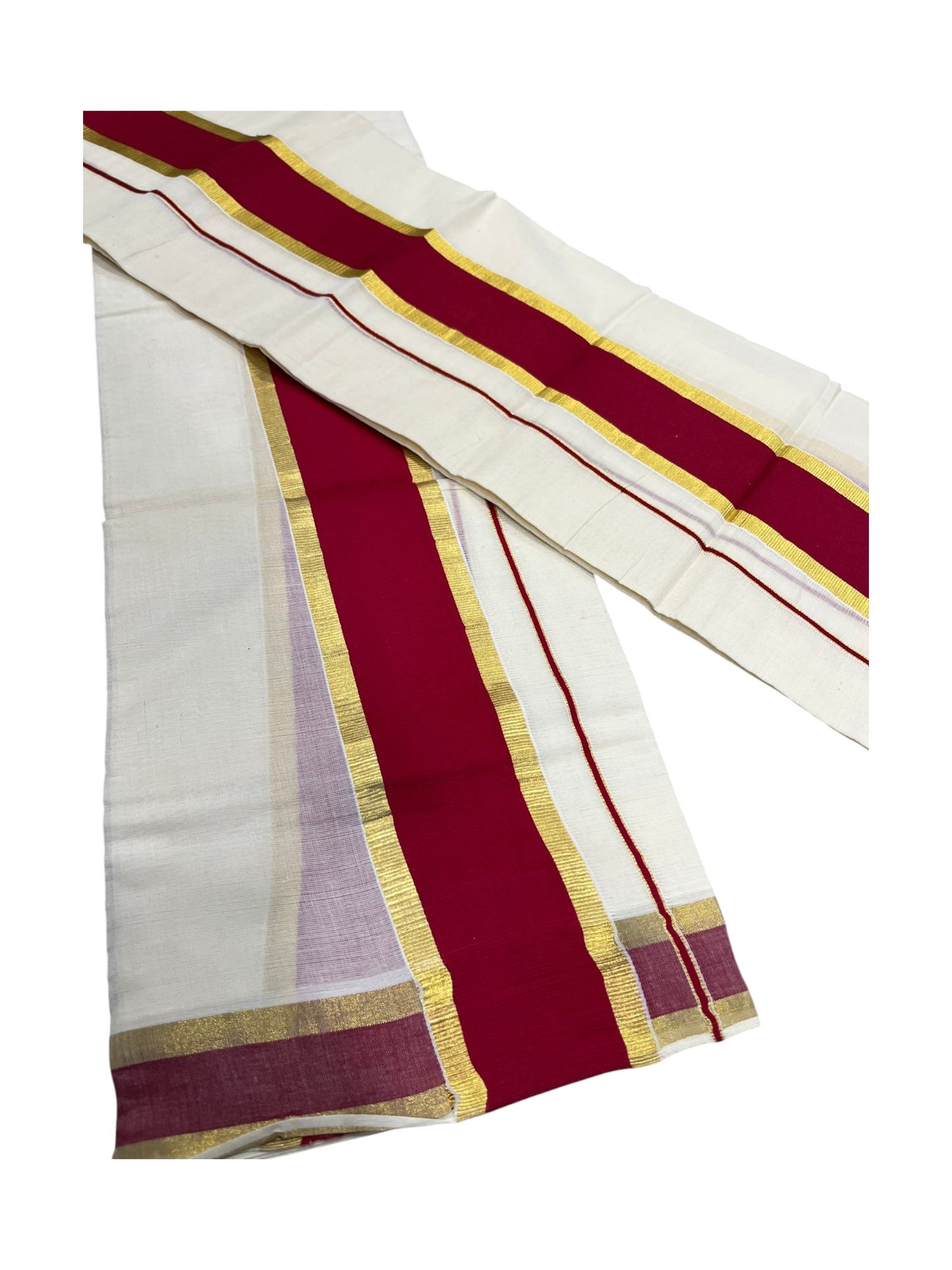 Southloom Kerala Cotton Single Set Mundu (Mundum Neriyathum) with Kasavu and Maroon Border 2.80Mtrs