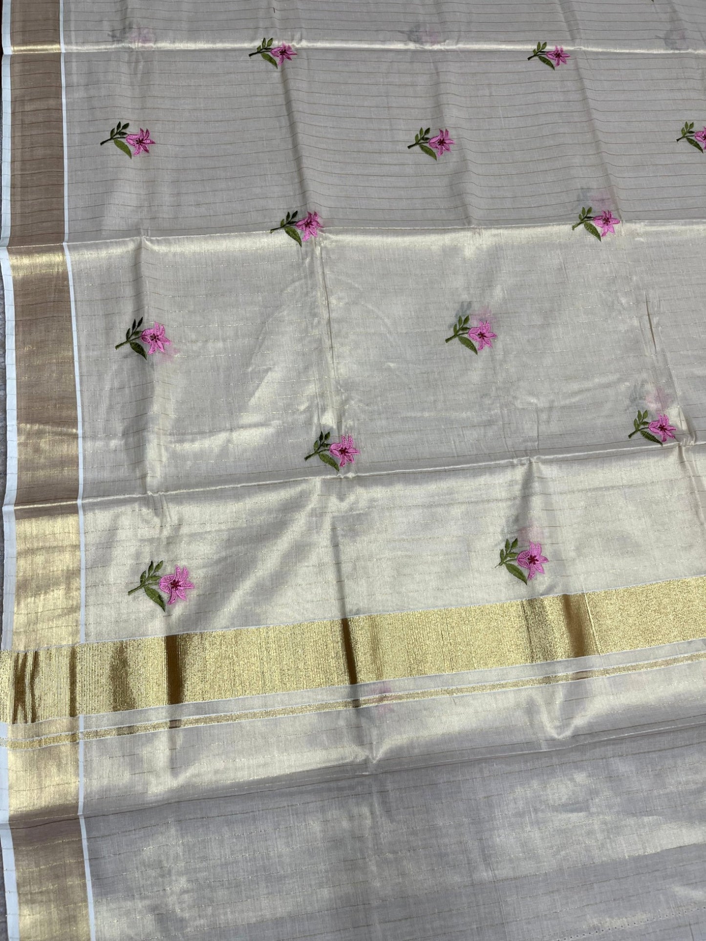 Southloom Kerala Tissue Kasavu Lines Saree with Floral Embroidery Work on Body