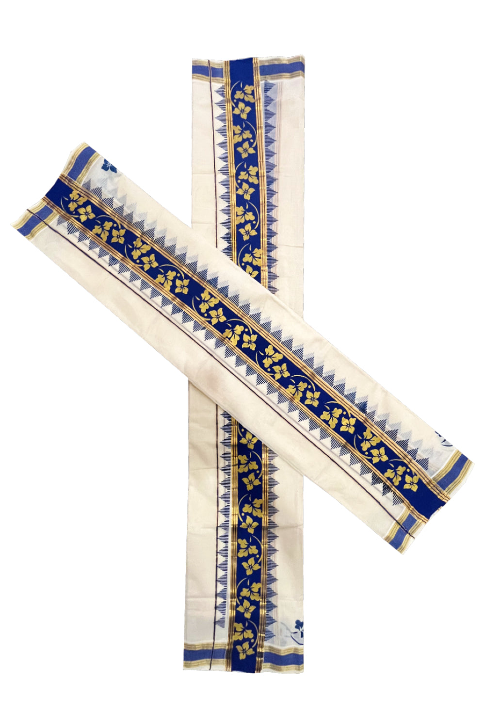 Kerala Pure Cotton Set Mundu Single (Mundum Neriyathum) with Floral Golden Block Prints on Blue Border