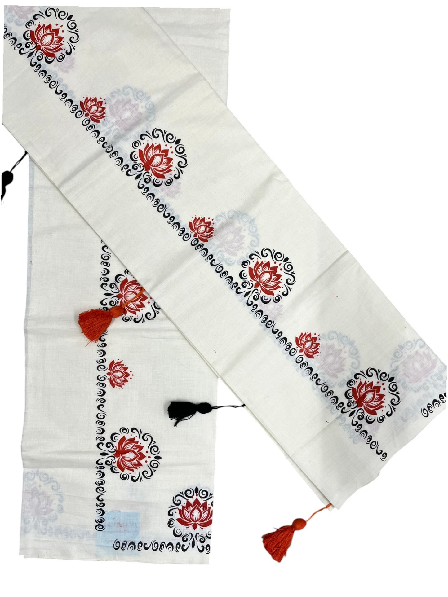 Southloom Kerala Cotton Single Set Mundu (Mundum Neriyathum) with Dark Orange &Black Lotus Block Printed Design