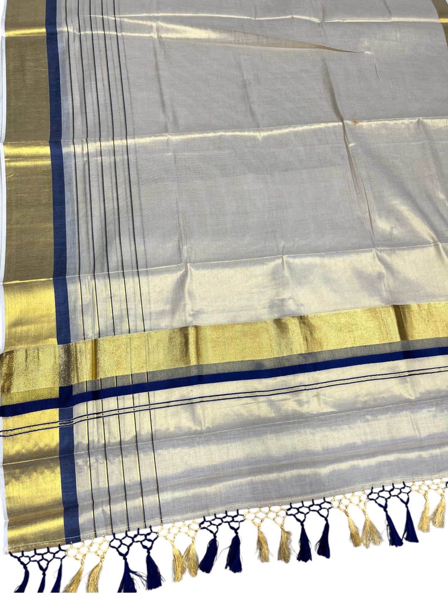 Southloom Kerala Tissue  Kasavu Saree with Stripes on Body with Blue Borders