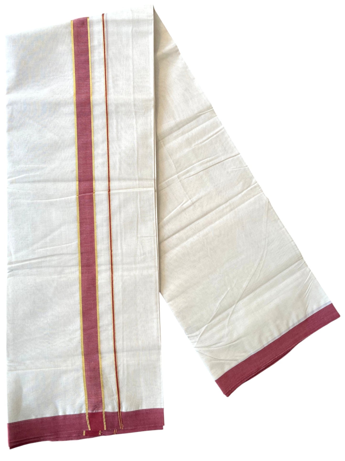 Southloom Pure Cotton Mundu with Golden Lines and Colour Border (South Indian Kerala Dhoti)