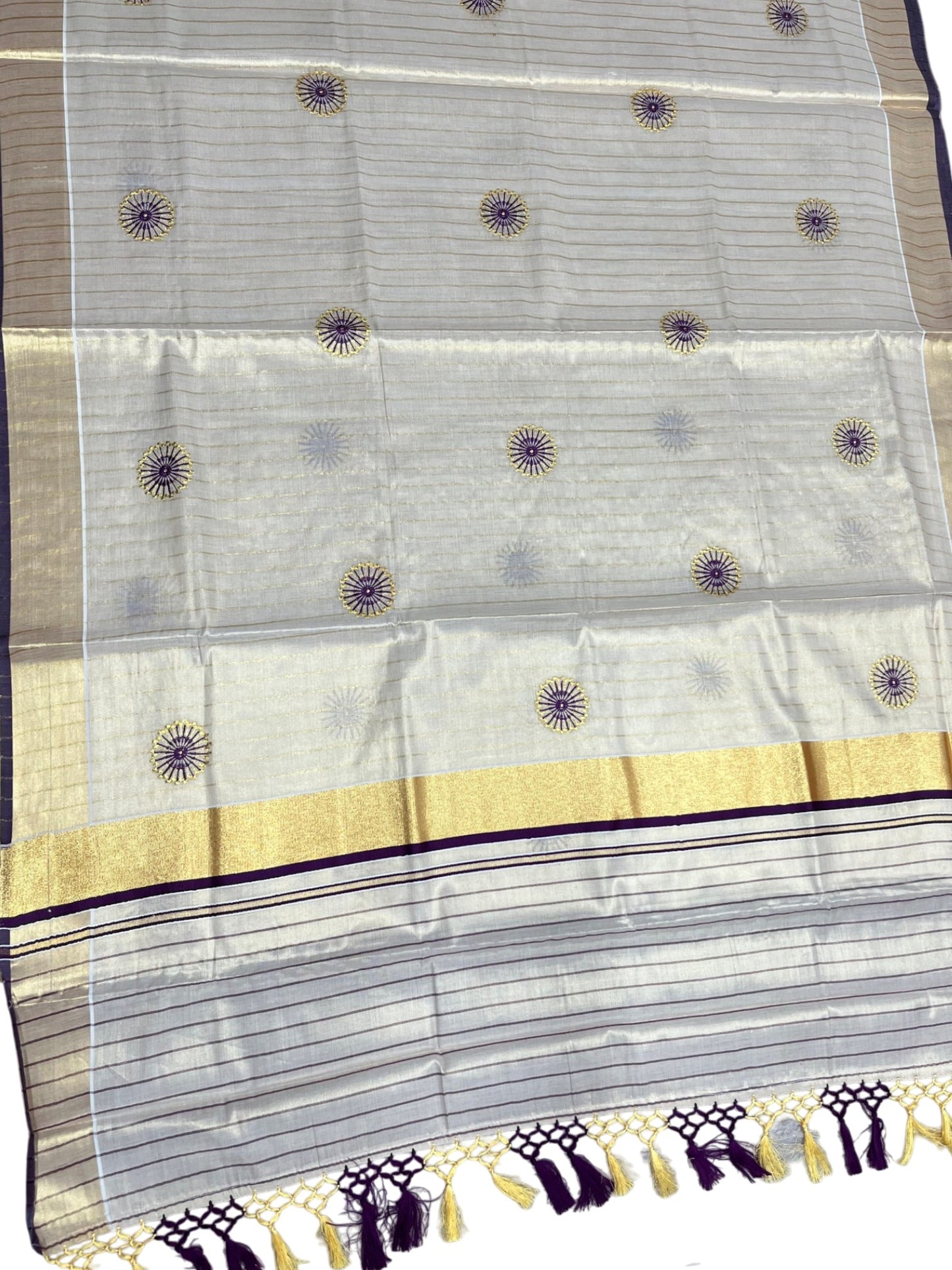 Southloom Tissue Kerala Kasavu Lines Saree with Embroidery Work on Body in Purple