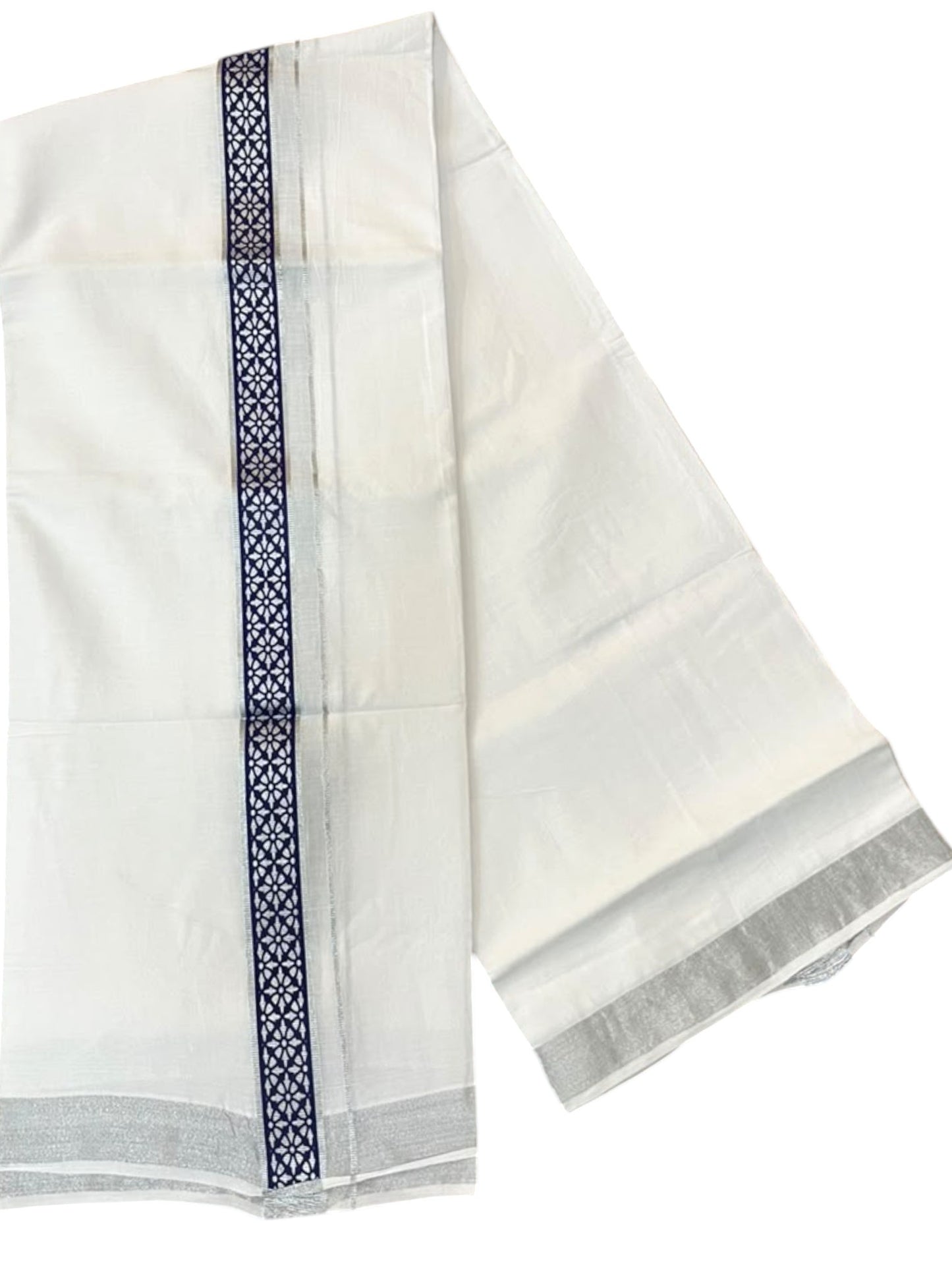 Southloom Pure White Cotton Mundu with Blue and Silver Kasavu Border (South Indian Kerala Dhoti)