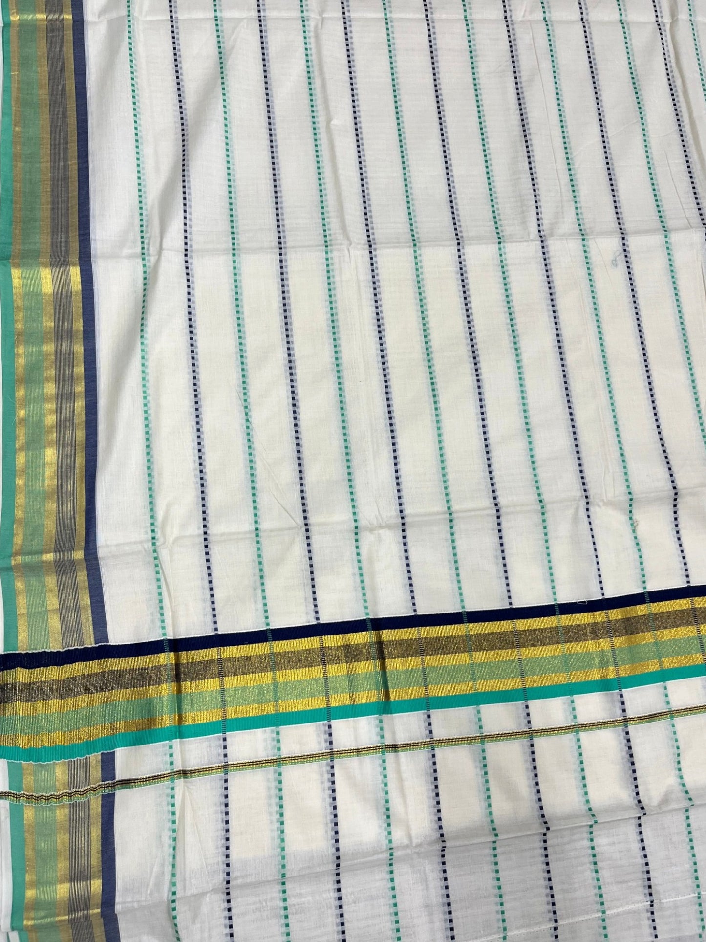 Southloom Cotton Kasavu Saree with Green and Blue Thread Work Across Body