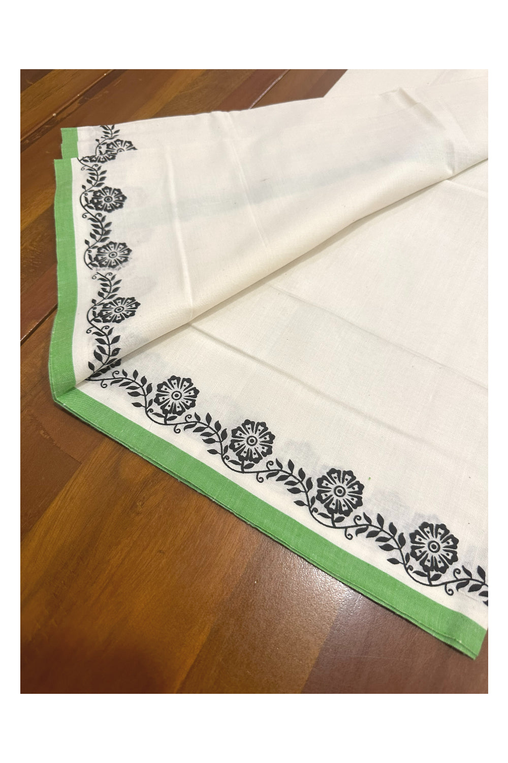 Kerala Cotton Set Mundu (Mundum Neriyathum) with Black Floral Block Prints in Light Green Border (Onam Set Mundu 2023)