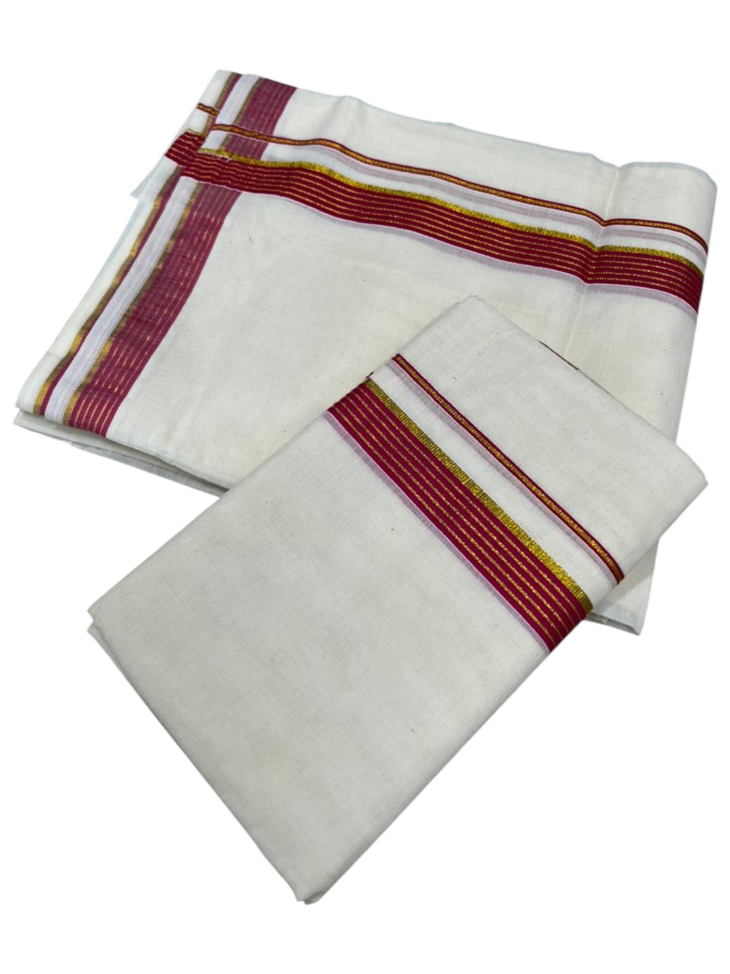 Pure Cotton Kerala Single Set Mundu (Mundum Neriyathum) with Magenta Kasavu Border in 2.80 Mtrs